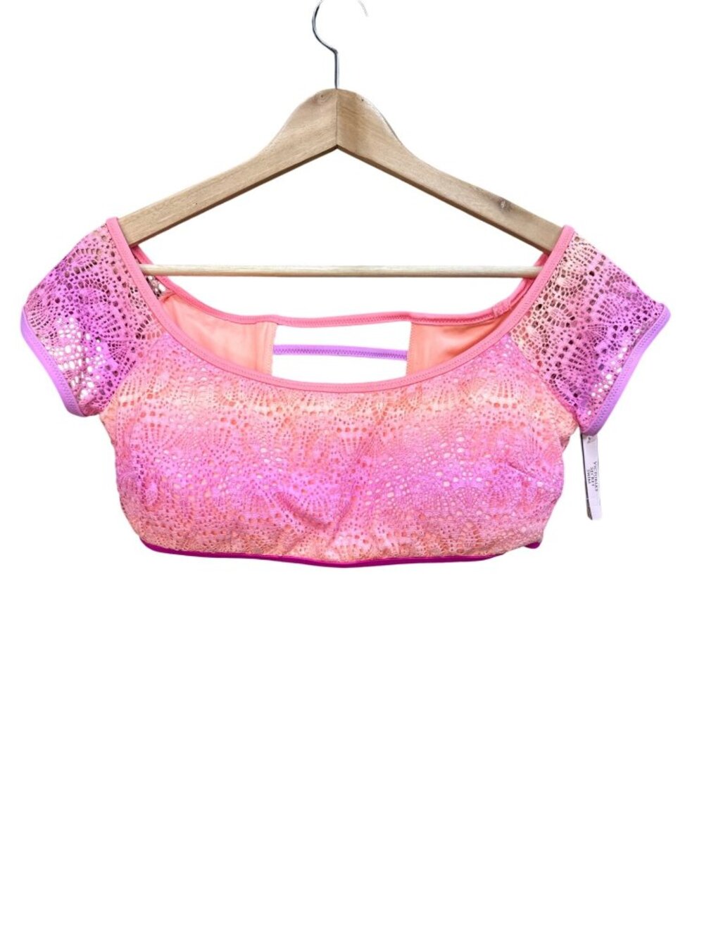 Victorias Secret Swim Lace Ombre Bikini Top Large Pink Orange Crochet Detail